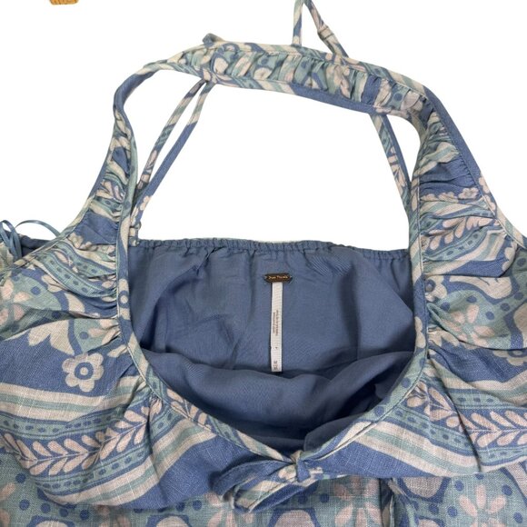 Free People Linen Blend Halter Mini Dress Blue Boho Floral Stripe Pattern Size M - Picture 9 of 11